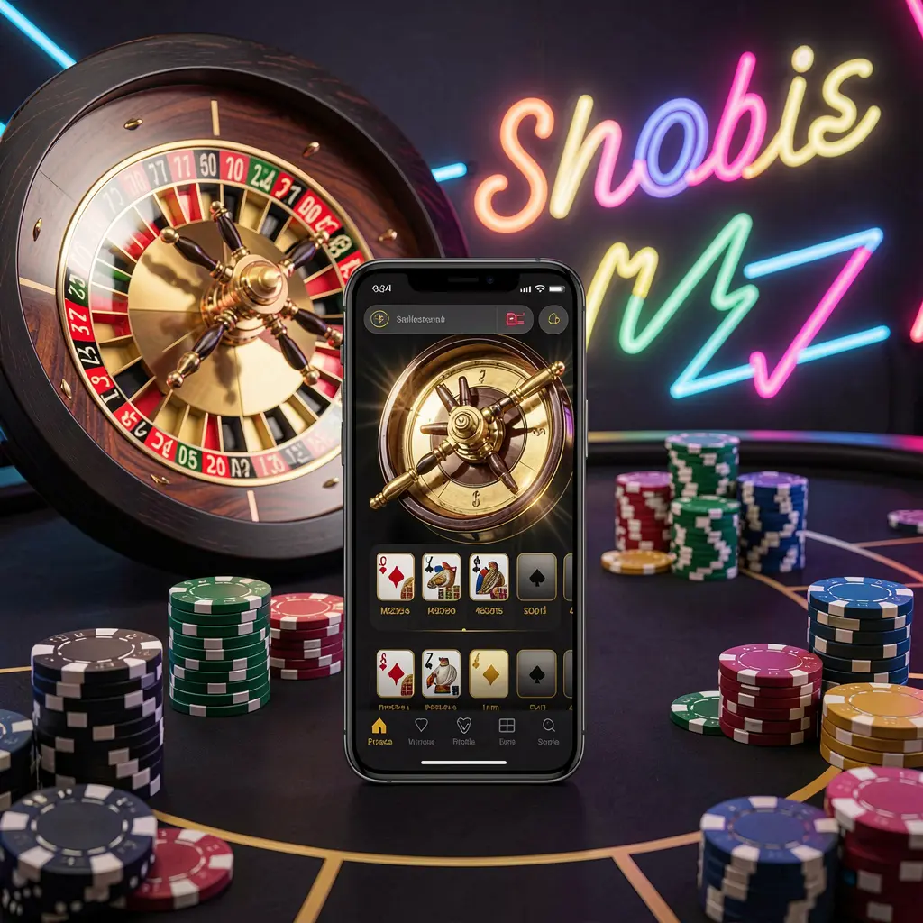 Cena de aplicativo móvel de cassino com um telefone no centro, uma roda de roleta e fichas de pôquer ao fundo, iluminada por luzes neon brilhantes em um estilo premium preto e dourado, apresentando a marca 55KKK