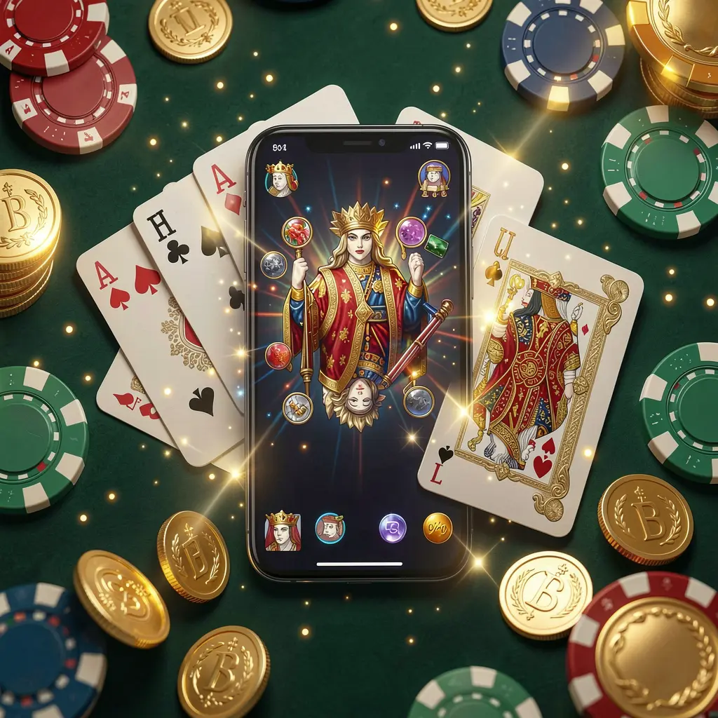 Conceito de aplicativo móvel de jogos 55KKK com um smartphone cercado por cartas de jogar, fichas de roleta, moedas de ouro e luzes cintilantes em um estilo de cassino premium