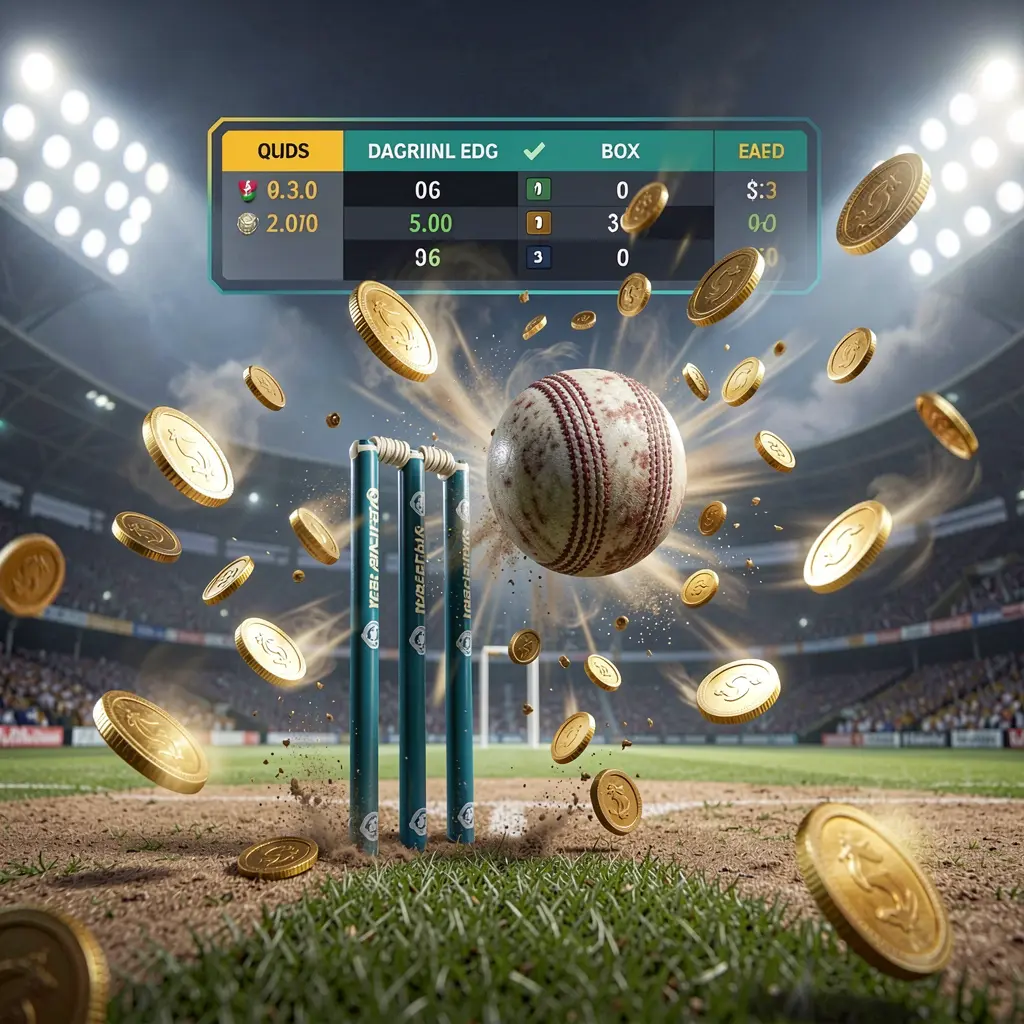Banner de apostas em partida de críquete 55KKK mostrando uma bola de críquete atingindo os wickets com movimento dinâmico sob as luzes do estádio, com uma interface flutuante de odds e moedas em uma atmosfera esportiva premium