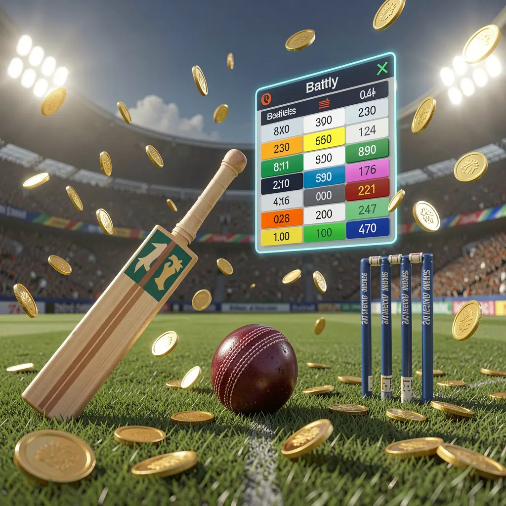 Ilustração 3D realista de um taco de críquete, bola de críquete e wickets na grama do estádio, com interface flutuante de odds de apostas e moedas douradas voando, apresentando o visual da página de apostas esportivas 55KKK no Brasil