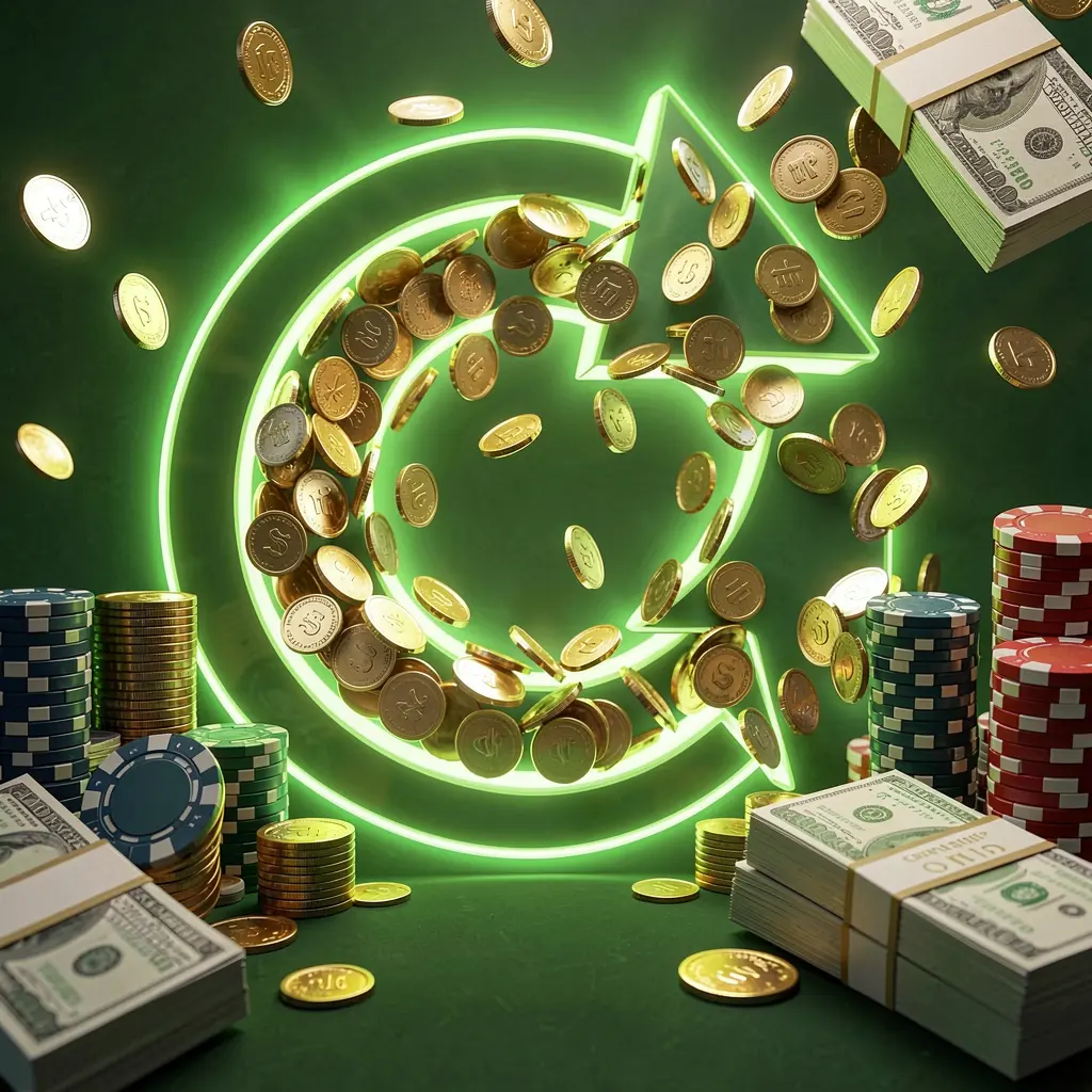 Renderização 3D realista de uma cena de bônus de cashback de cassino com moedas se movendo em uma seta circular, pilhas de fichas e maços de dinheiro com brilho verde e dourado, apresentando a marca 55KKK