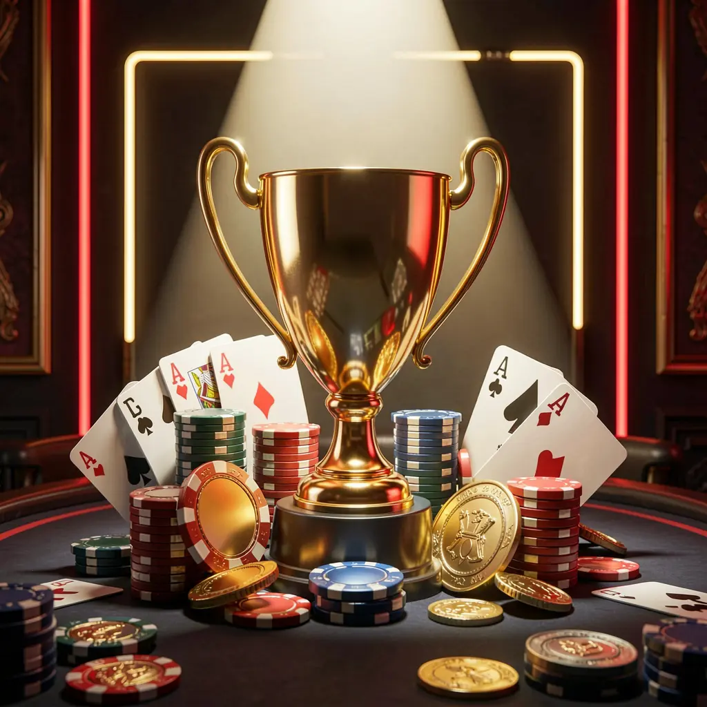 Conceito de bônus de torneio de cassino 55KKK com um troféu dourado cercado por fichas de pôquer, cartas de jogar e moedas sob um holofote brilhante em uma atmosfera competitiva de cassino luxuoso, com fundo escuro e detalhes neon em vermelho e dourado