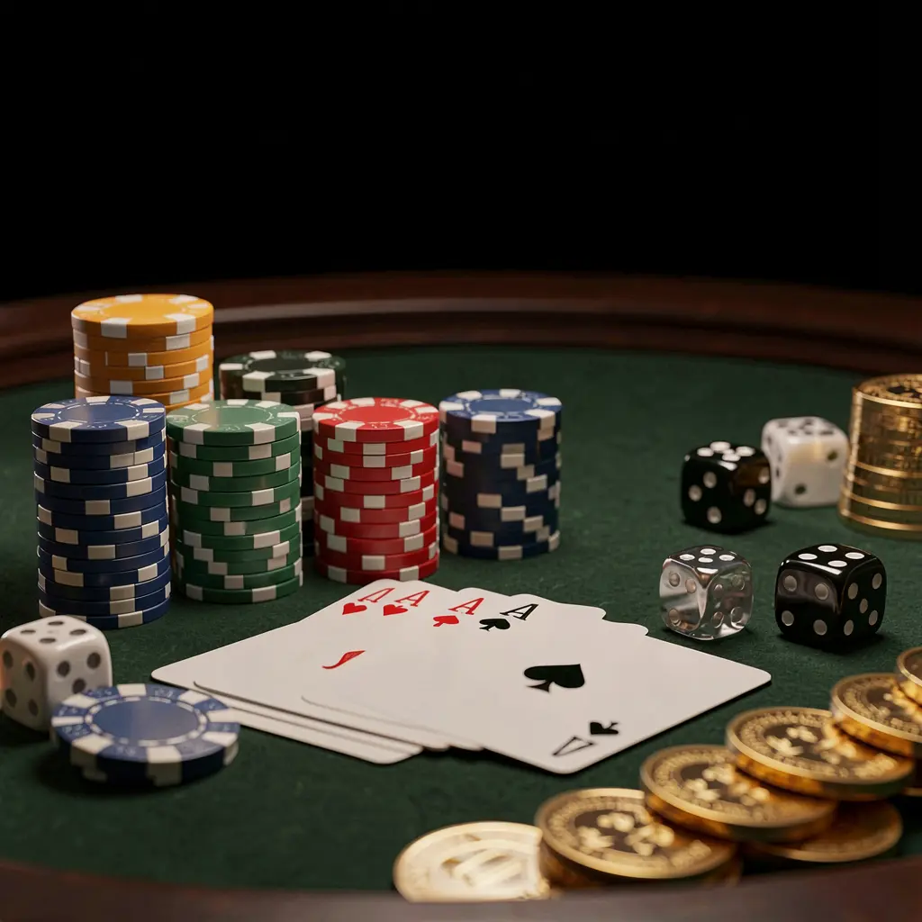 Close-up de uma elegante mesa de cassino 55KKK com fichas de pôquer, cartas de jogar, dados e moedas de ouro sob iluminação cinematográfica suave contra um fundo preto luxuoso