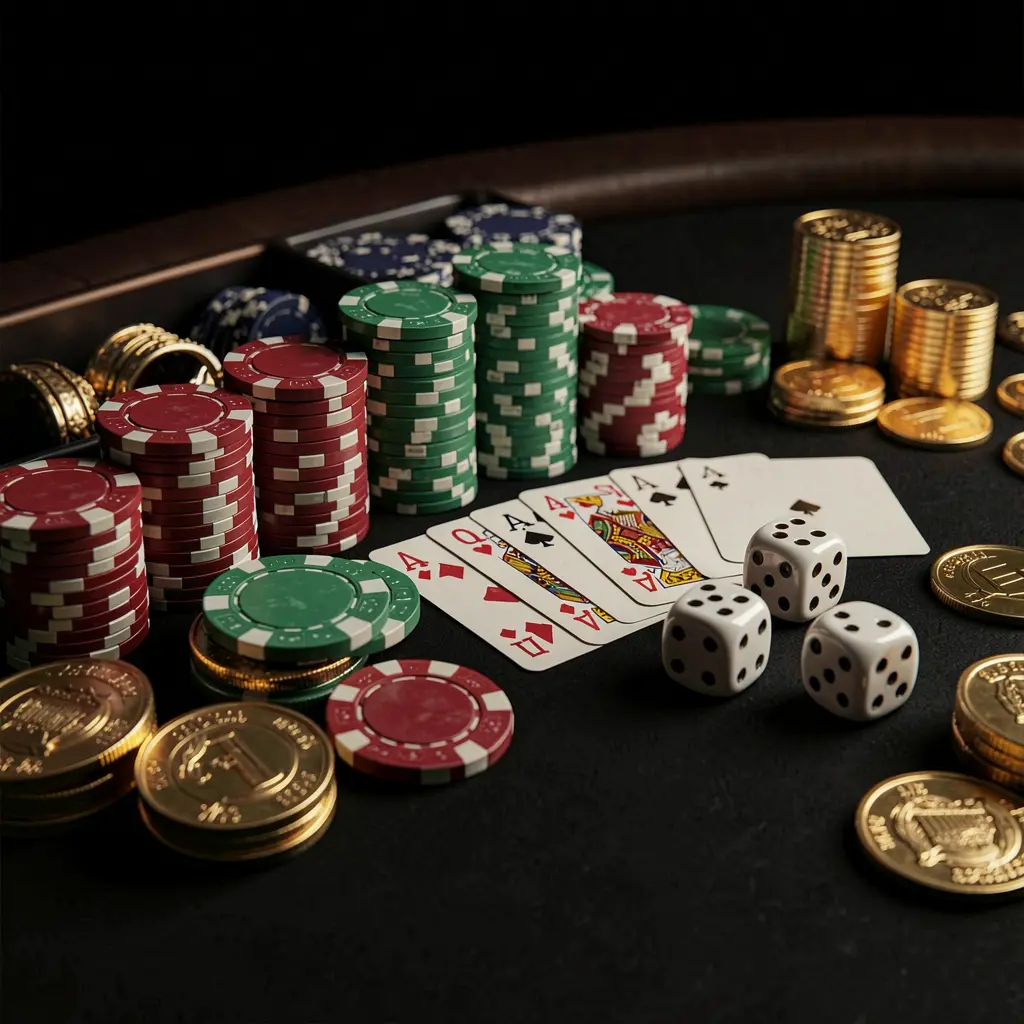 Close-up de uma elegante mesa de cassino com fichas de pôquer, cartas de jogar, dados e moedas de ouro, com iluminação cinematográfica suave sobre um fundo preto luxuoso, apresentando a renderização 3D realista da 55KKK