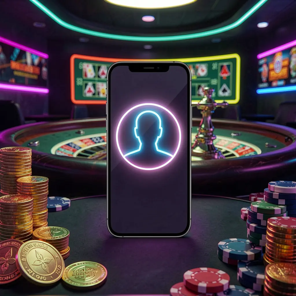 Telefone moderno exibindo ícone de perfil brilhante para login no cassino online 55KKK, com luzes de roleta, moedas douradas e fichas de pôquer em uma atmosfera premium escura de neon