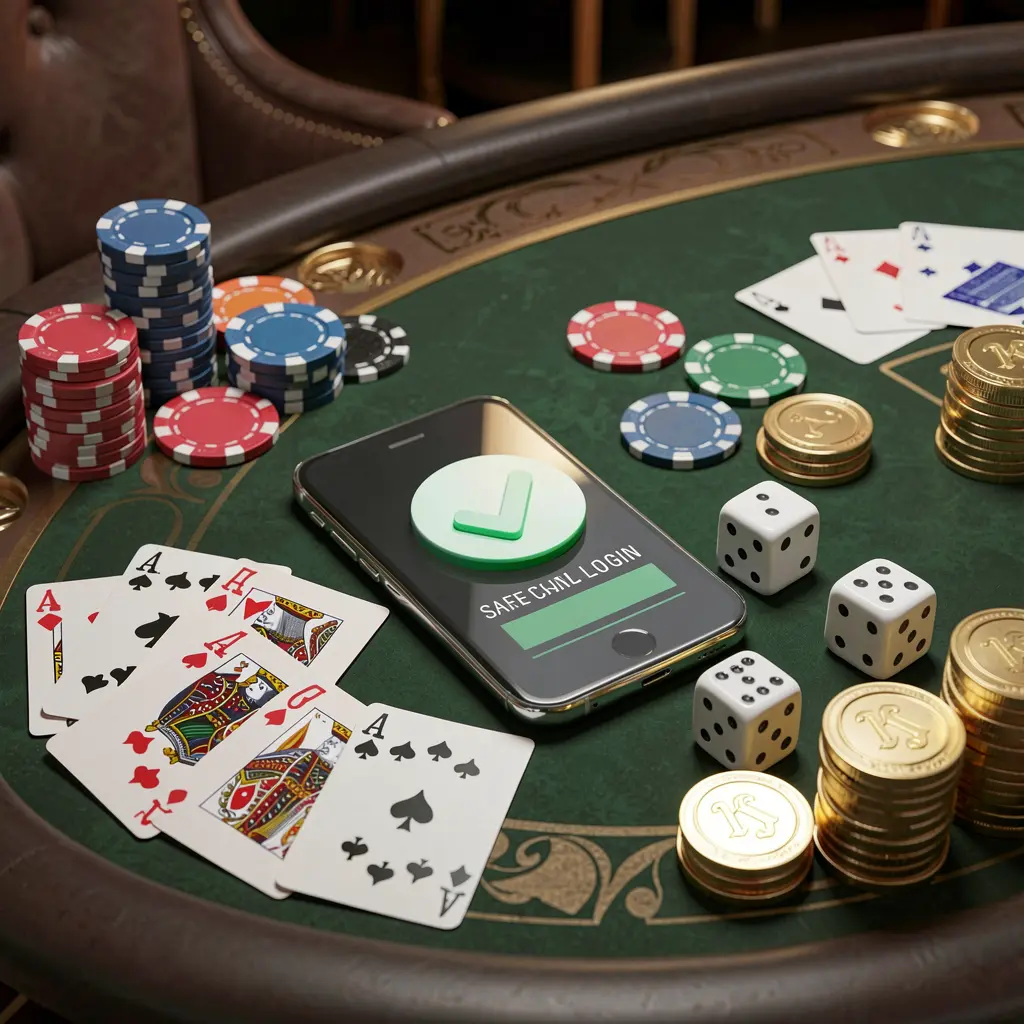 Conceito de login seguro no cassino 55KKK com um smartphone exibindo um ícone de marca de verificação, cercado por fichas, cartas, dados e moedas douradas sobre uma elegante mesa de cassino luxuosa