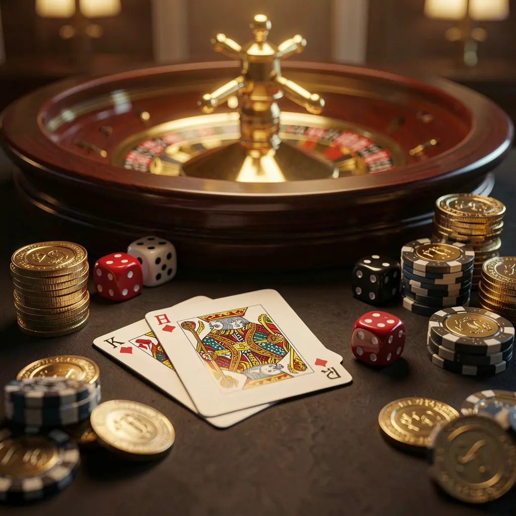 Página inicial elegante de cassino online 55KKK com cartas de royal flush, dados, moedas douradas e fichas de pôquer sobre uma mesa escura, com roleta brilhante ao fundo em renderização 3D cinematográfica Página inicial elegante de cassino online 55KKK com cartas de royal flush, dados, moedas douradas e fichas de pôquer sobre uma mesa escura, com roleta brilhante ao fundo em renderização 3D cinematográfica